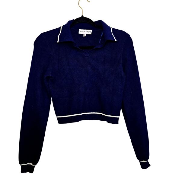 Willow & Wind Cropped Polo Sweater Size M Navy White Trim Collared Preppy - Picture 1 of 7